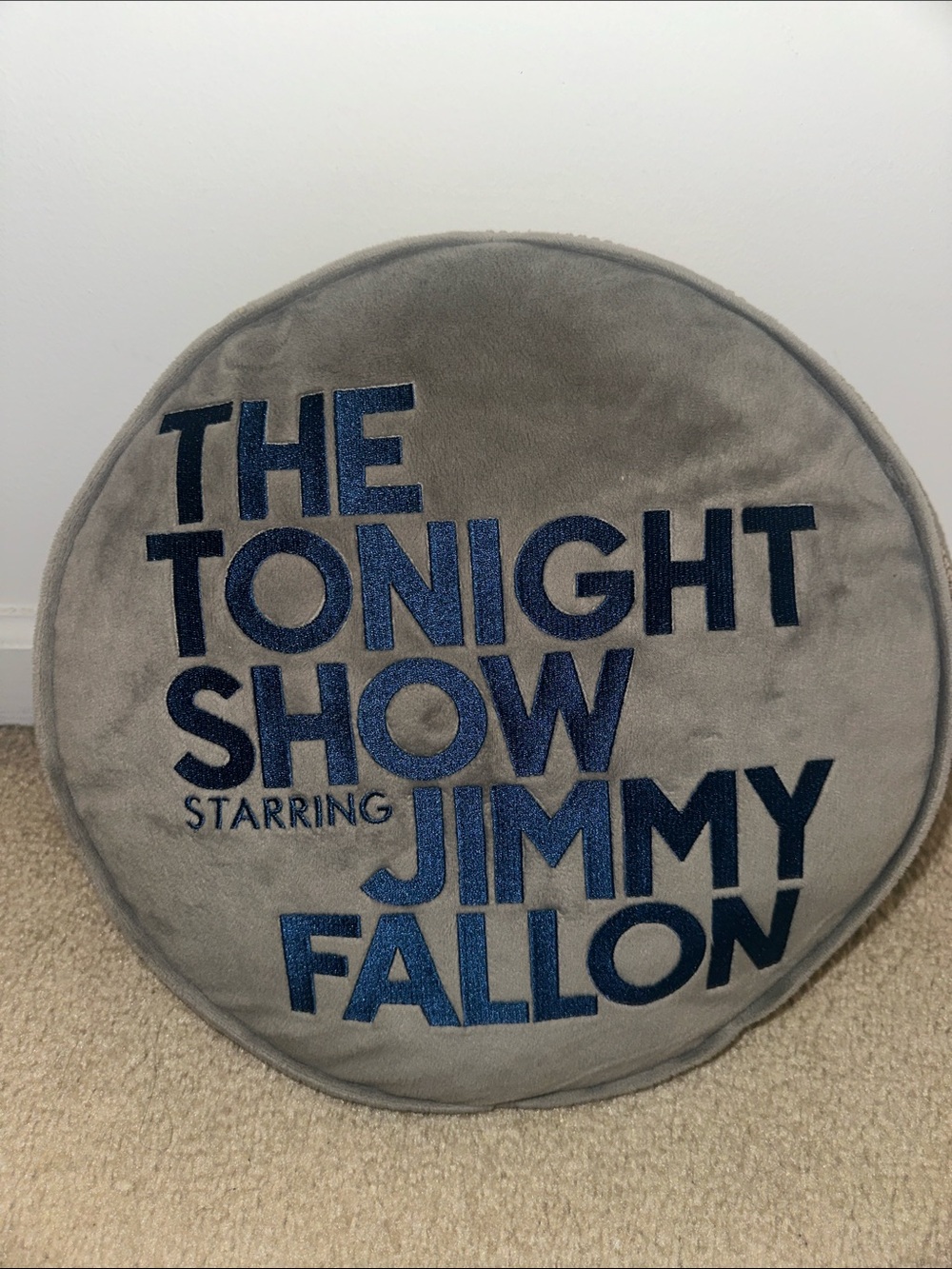 The Tonight Show Starring Jimmy Fallon Round Accent Pillow - Gray with Navy Text